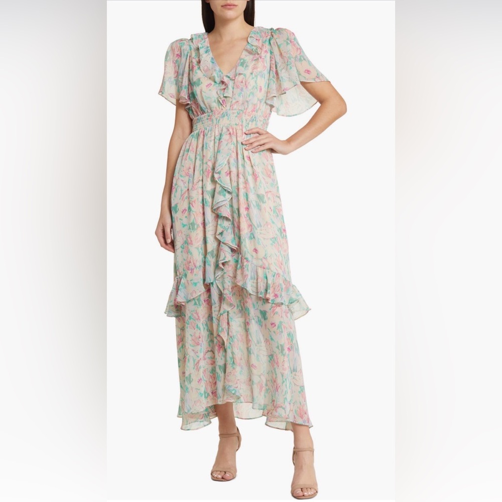 Ruffled V-Neck Maxi Dress in pink and green Floral
